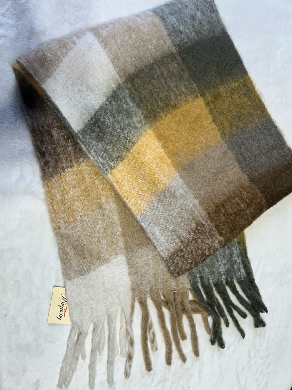 Plaid Fringe Wool Scarf in Mustard, Olive & Cream